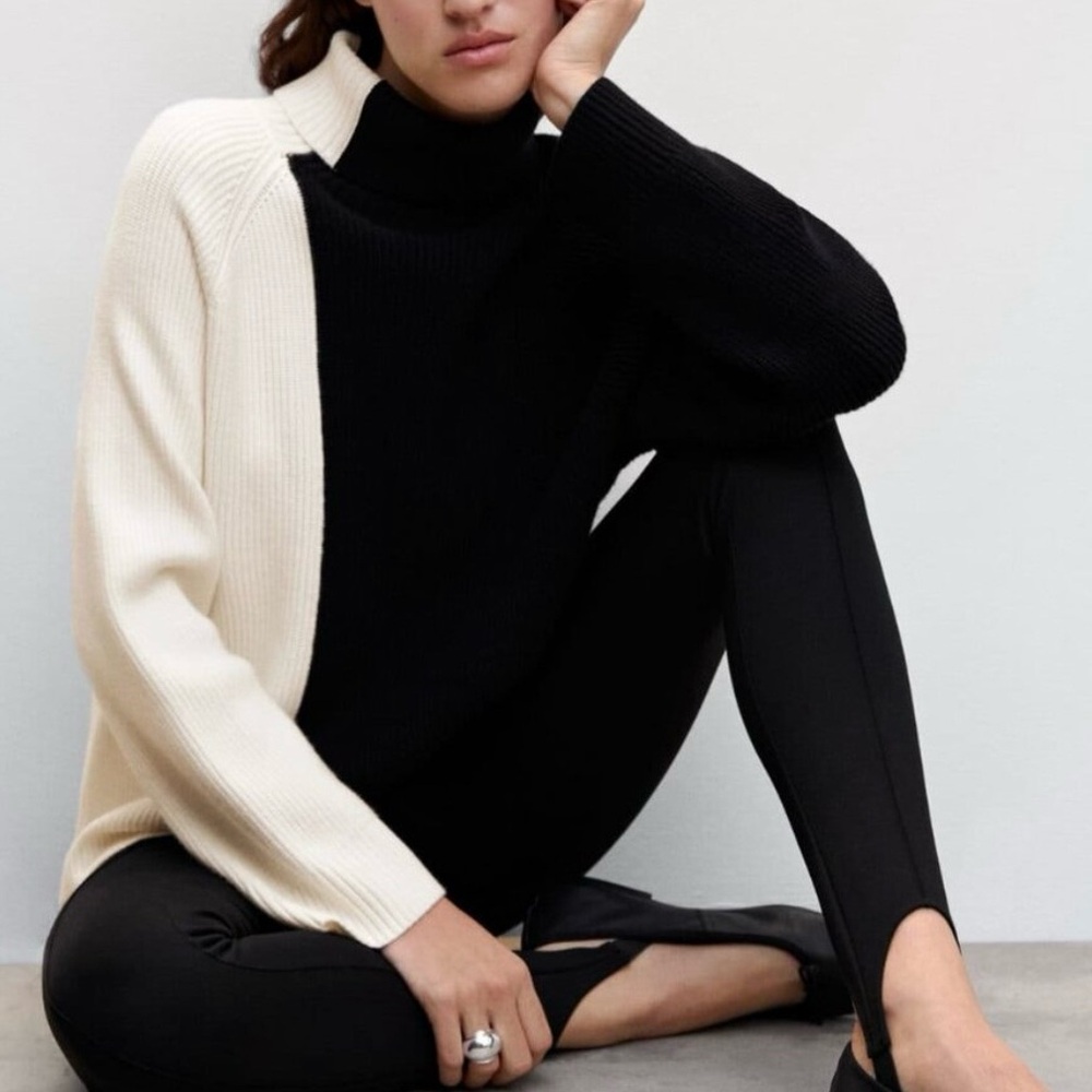 Mango Two Tone Half Black White Turtleneck Knit Sweater Oversized s small chic